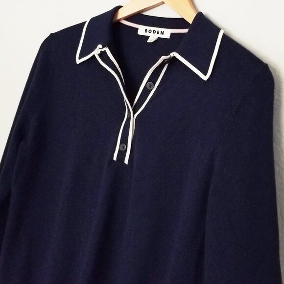Boden Estelle Henley Sweater S Polo Collar Navy Blue Cotton Wool Blend Preppy - Picture 12 of 16
